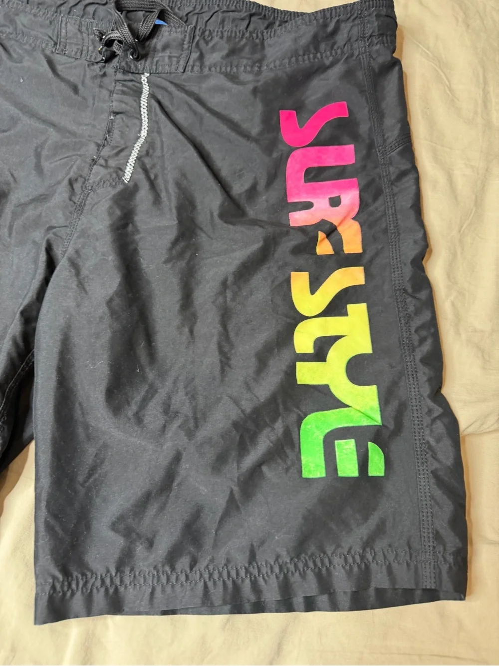 surf style Black Swim Board Shorts with Neon Gradient Logo